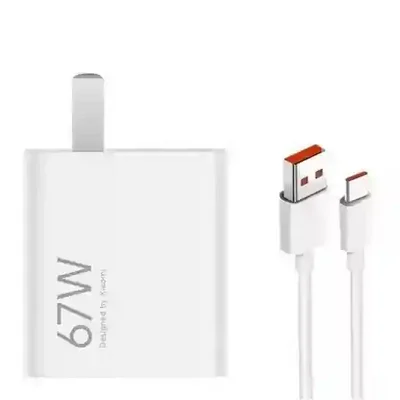 کابل شارژ Xiaomi Turbo Charger 67W کابل سفید USB-A به USB-C کنار آداپتور ۶۷ وات شیائومی