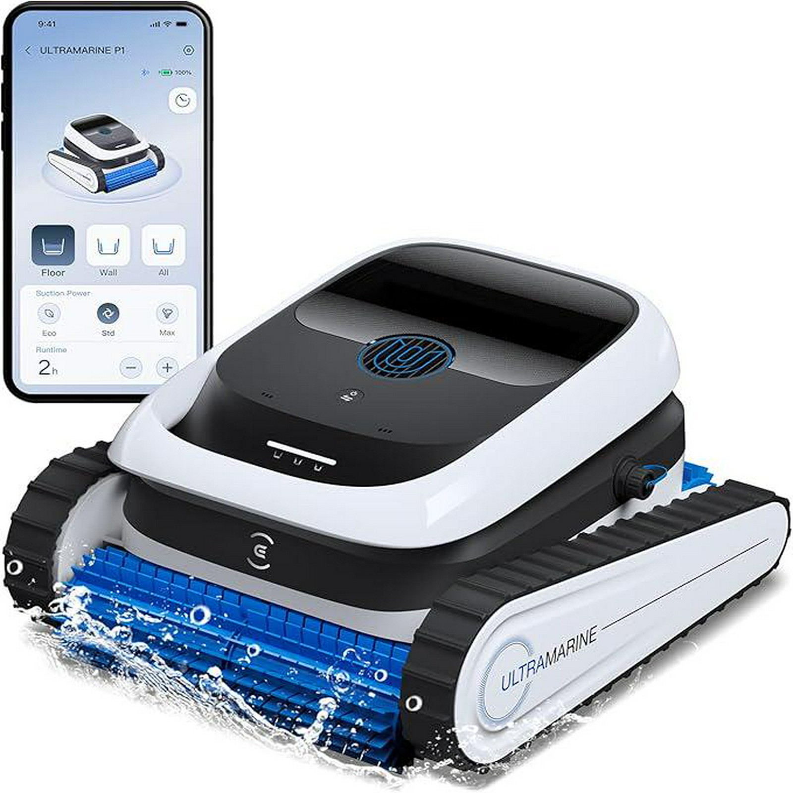 نمای محصول Ecovacs Ultramarine P1 و اپلیکیشن جاروی رباتیک استخر Ecovacs Ultramarine P1 همراه صفحه کنترل موبایل