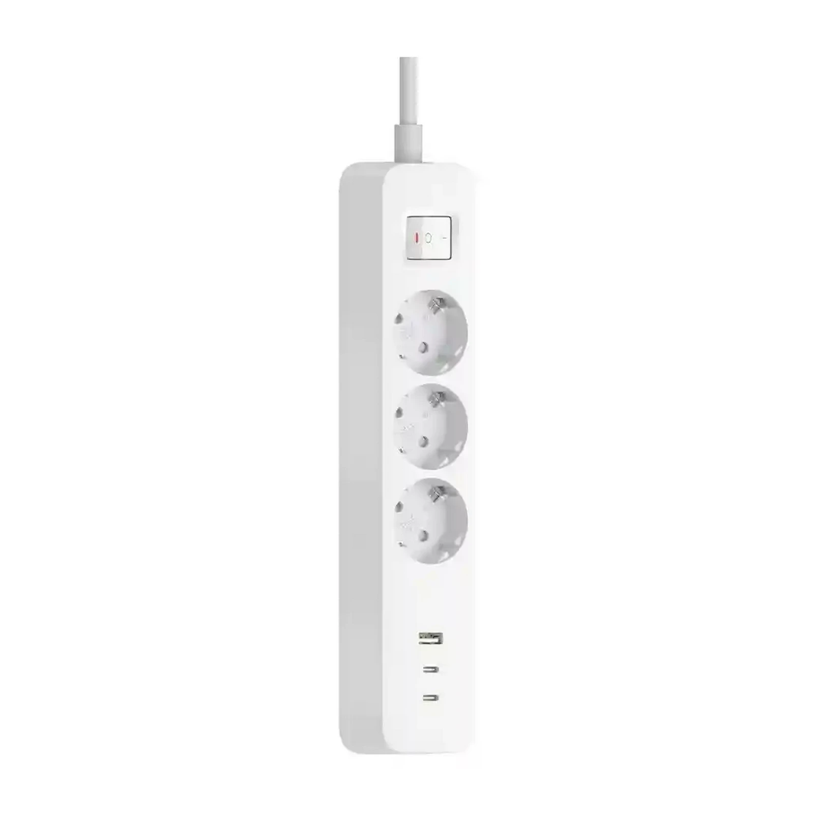 چیدمان پریزها و USB در XMCXB01EU نمای کامل چندراهی سفید XMCXB01EU با سه پریز اروپایی، کلید و سه درگاه USB