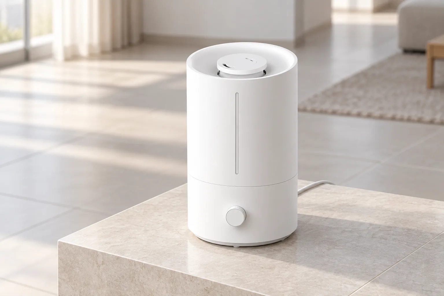 تصویرسازی بخور سرد Humidifier 2 Lite روی سطح مقاوم به رطوبت؛ کنترل چرخشی و نشانگر سطح آب